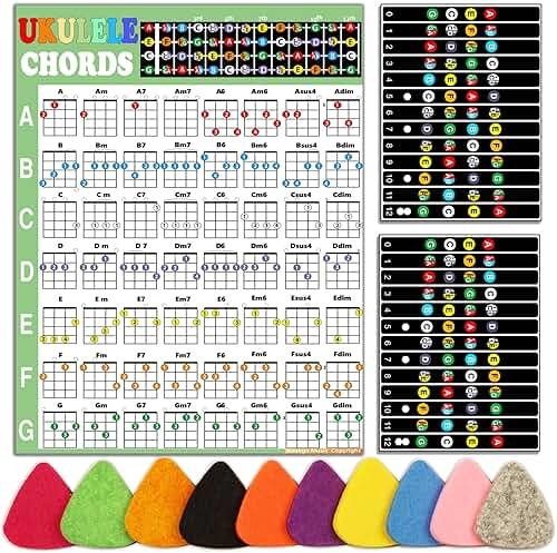 JUNLEGO Ukulele Beginner's Kit: Chord Chart, Fretboard Stickers, Picks - Black and White Vinyl, Ukulele Accessory - Product Image
