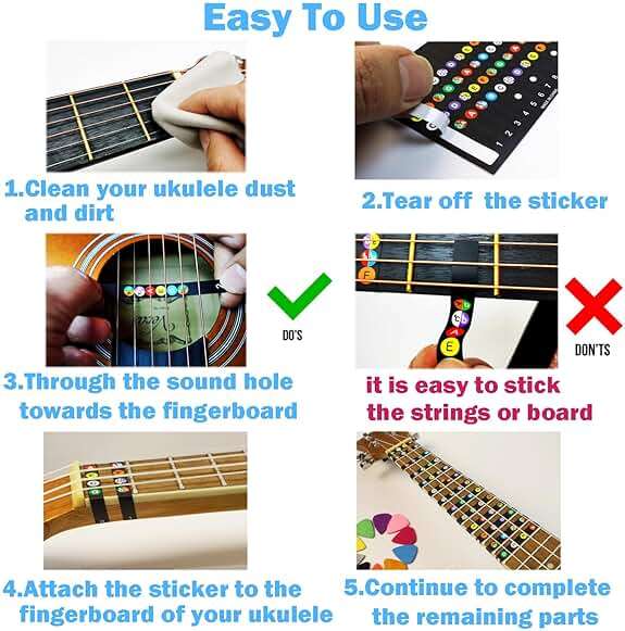 JUNLEGO Ukulele Beginner's Kit: Chord Chart, Fretboard Stickers, Picks - Black and White Vinyl, Ukulele Accessory - Image 7