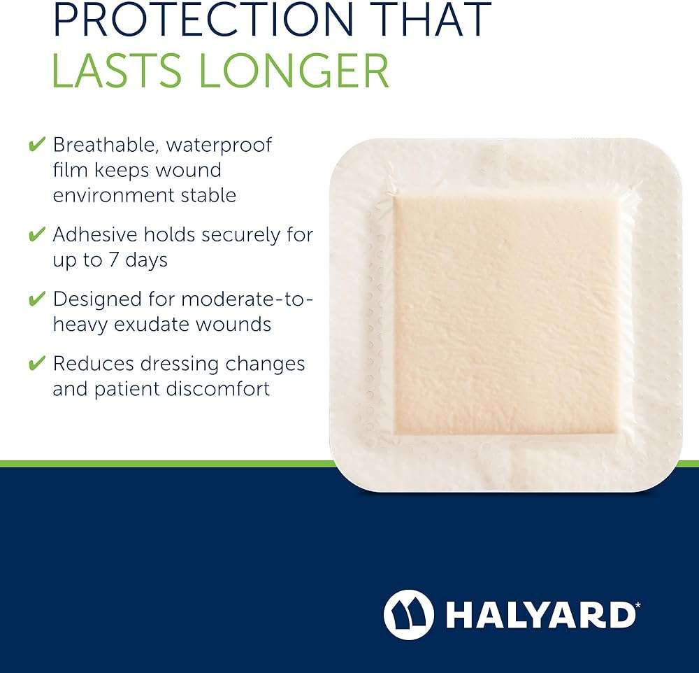 HALYARD Multi-Layer Bordered Silicone Foam Wound Dressing, Gentle Adhesive Superabsorbent Core Conformable & Breathable Water Resistant Protective Film Backing, 3 Inch x 3 Inch (Box of 10) - Image 5