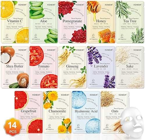 KONEUK 14 Pack Sheet Face Masks Skincare, Hydrating Face Masks Suitable for Dry Skin, Bulk Facial Mask Set for Women Skin Care, Face Mask Gifts Set for Face Spa - Product Image