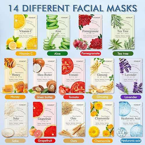 KONEUK 14 Pack Sheet Face Masks Skincare, Hydrating Face Masks Suitable for Dry Skin, Bulk Facial Mask Set for Women Skin Care, Face Mask Gifts Set for Face Spa - Image 3