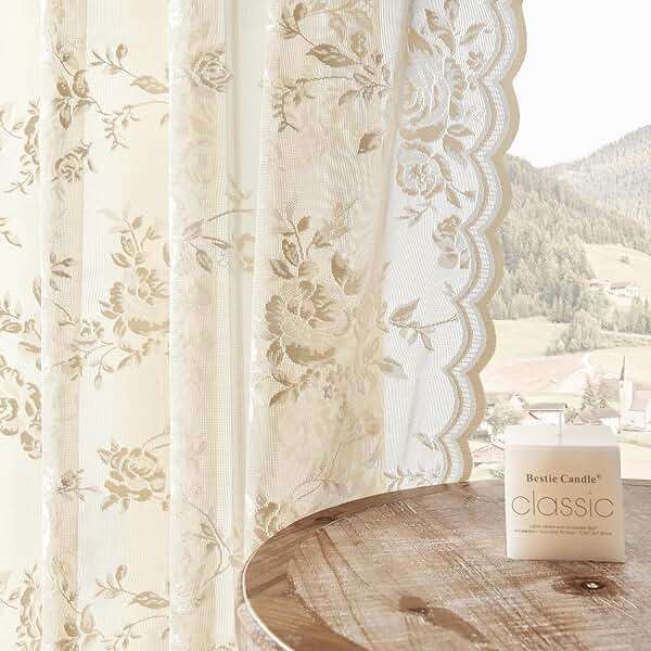 SEEKRIGHT Beige Lace Curtains 84 Inches Long Victorian Floral Sheer Curtains for Living Room Bedroom Decor Drapes Rod Pocket Light Filtering French Window Curtains 2 Panels Set for Dining Room, 52x84 - Image 1