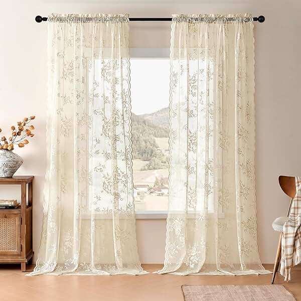 SEEKRIGHT Beige Lace Curtains 84 Inches Long Victorian Floral Sheer Curtains for Living Room Bedroom Decor Drapes Rod Pocket Light Filtering French Window Curtains 2 Panels Set for Dining Room, 52x84 - Image 2