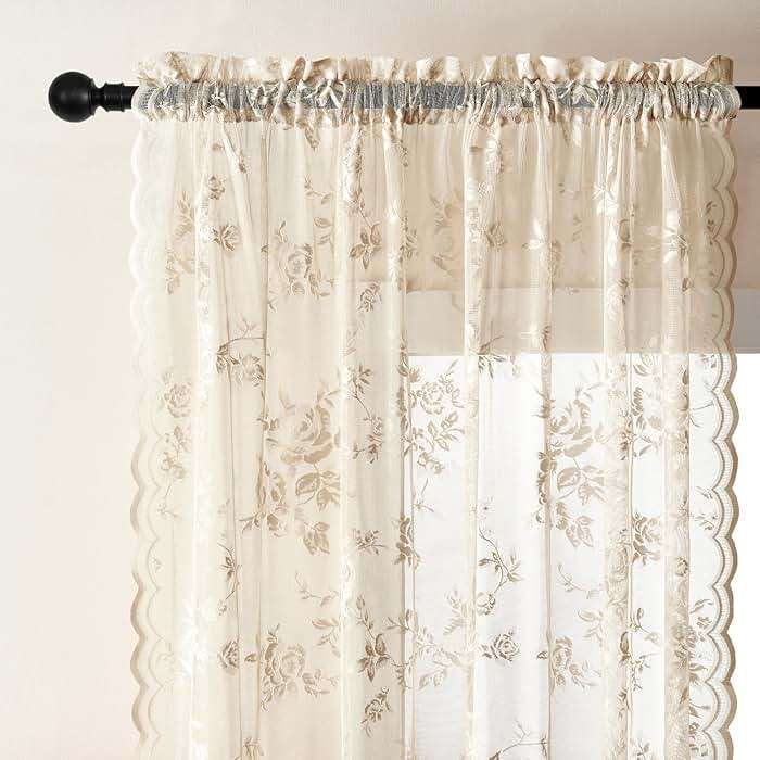 SEEKRIGHT Beige Lace Curtains 84 Inches Long Victorian Floral Sheer Curtains for Living Room Bedroom Decor Drapes Rod Pocket Light Filtering French Window Curtains 2 Panels Set for Dining Room, 52x84 - Image 3