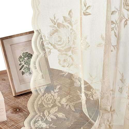 SEEKRIGHT Beige Lace Curtains 84 Inches Long Victorian Floral Sheer Curtains for Living Room Bedroom Decor Drapes Rod Pocket Light Filtering French Window Curtains 2 Panels Set for Dining Room, 52x84 - Image 5