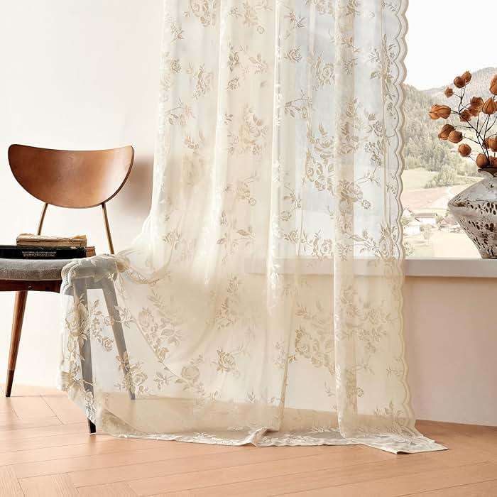 SEEKRIGHT Beige Lace Curtains 84 Inches Long Victorian Floral Sheer Curtains for Living Room Bedroom Decor Drapes Rod Pocket Light Filtering French Window Curtains 2 Panels Set for Dining Room, 52x84 - Image 6