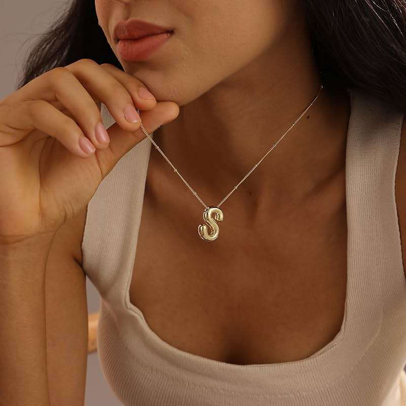 Ewrkbrㅤ Initial Necklaces for Women, 14k Gold Plated Bubble Letter Necklace Chunky Gold Necklace Dainty Charm Initial Necklaces for Women Trendy Custom Preppy Stocking Stuff Necklace Christmas Gifts - Image 2
