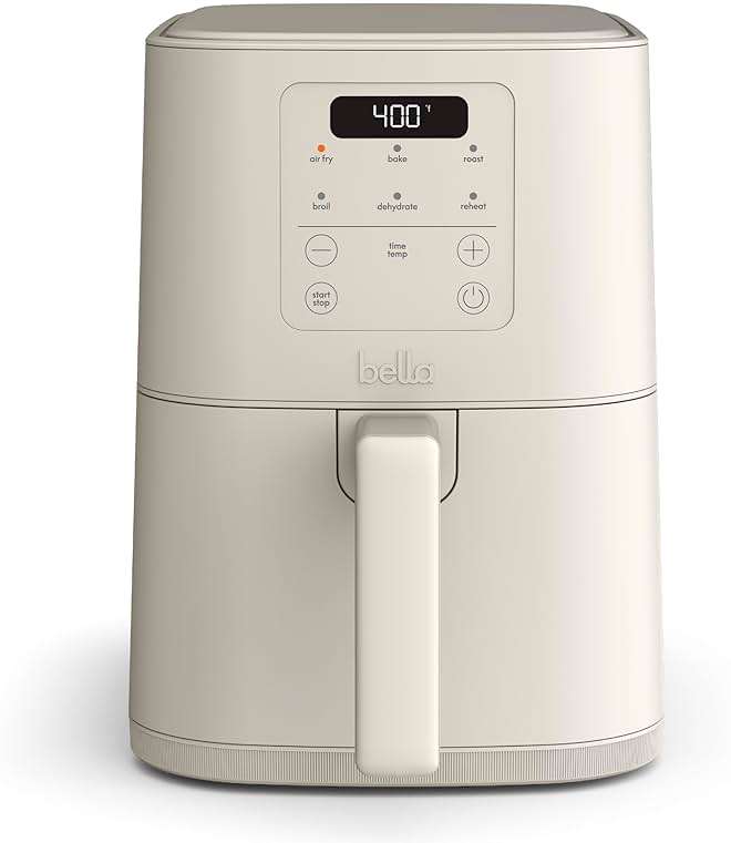 bella 4Qt Slim Air Fryer, Fits-anywhere™ Kitchenware, EverGood™ Ceramic Nonstick Coating, Adjustable Temperature, 6 Preset Cooking Options, 60 Min Auto Shutoff w Audible Tone, 3.3lb Capacity, Oatmilk - Image 1