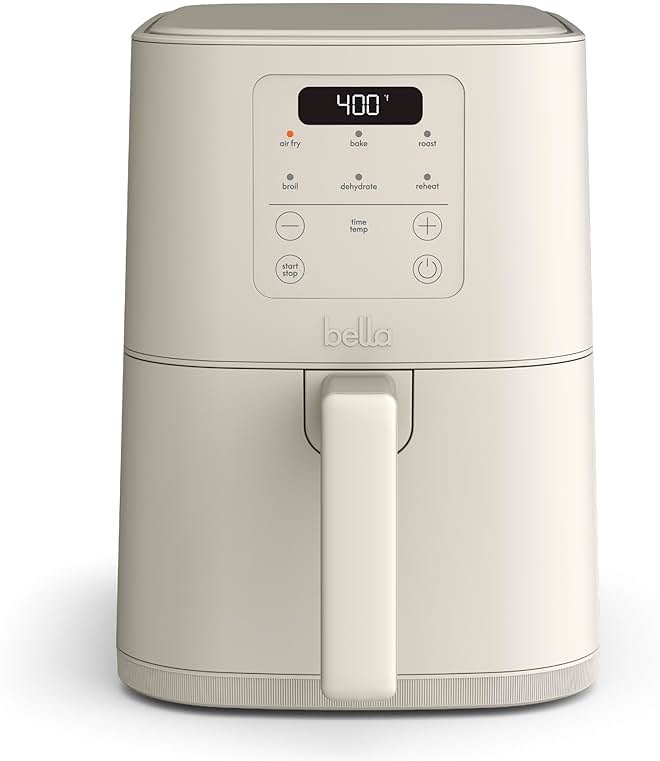 bella 4Qt Slim Air Fryer, Fits-anywhere™ Kitchenware, EverGood™ Ceramic Nonstick Coating, Adjustable Temperature, 6 Preset Cooking Options, 60 Min Auto Shutoff w Audible Tone, 3.3lb Capacity, Oatmilk - Product Image