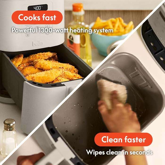 bella 4Qt Slim Air Fryer, Fits-anywhere™ Kitchenware, EverGood™ Ceramic Nonstick Coating, Adjustable Temperature, 6 Preset Cooking Options, 60 Min Auto Shutoff w Audible Tone, 3.3lb Capacity, Oatmilk - Image 5