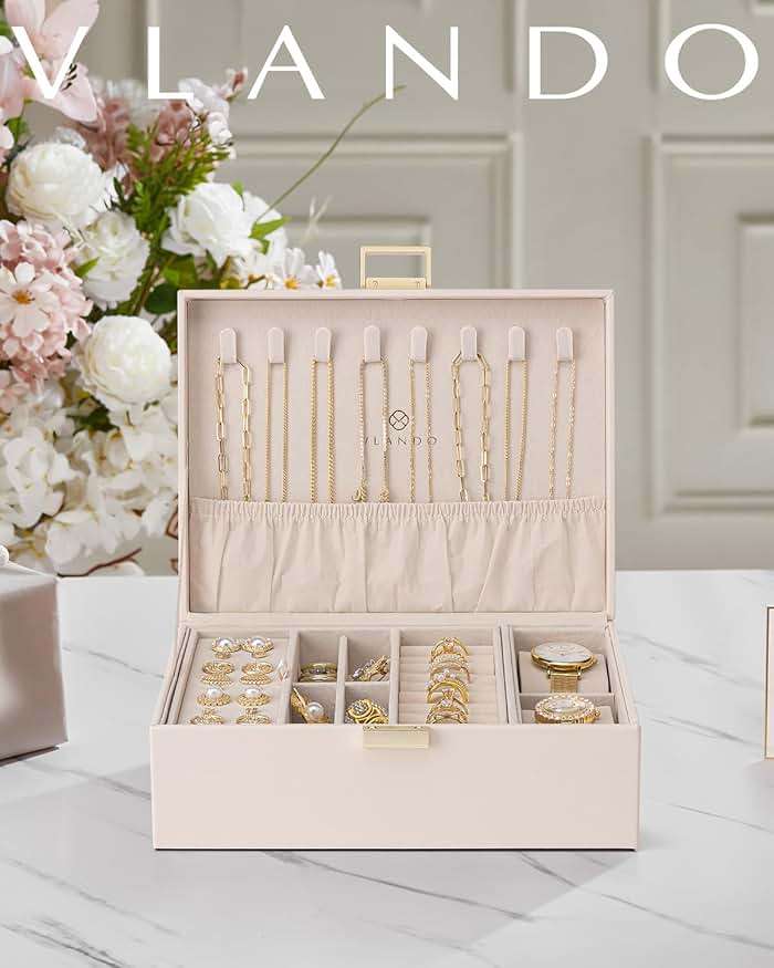VLANDO 2 Layer Jewelry Boxes Large Jewelry Organizer for Women Removable Jewelery Tray for Watch Necklace Earrings Rings Bracelets Mothers Gifts Mom Gifts(Apricot White) - Image 2