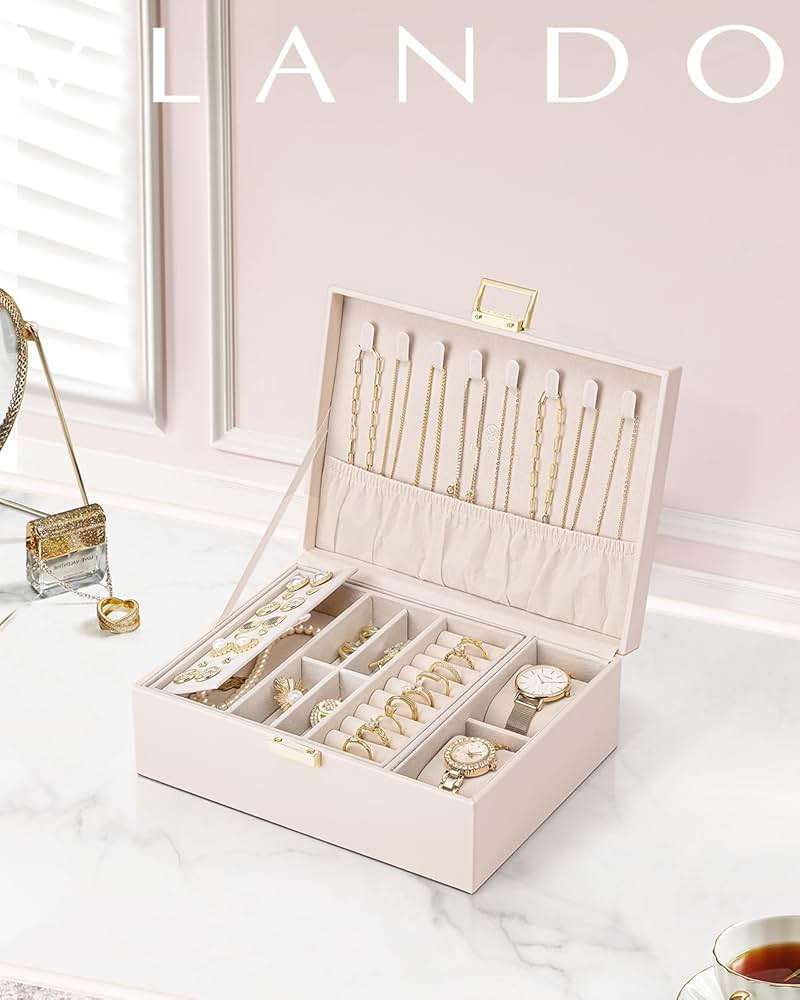 VLANDO 2 Layer Jewelry Boxes Large Jewelry Organizer for Women Removable Jewelery Tray for Watch Necklace Earrings Rings Bracelets Mothers Gifts Mom Gifts(Apricot White) - Image 5