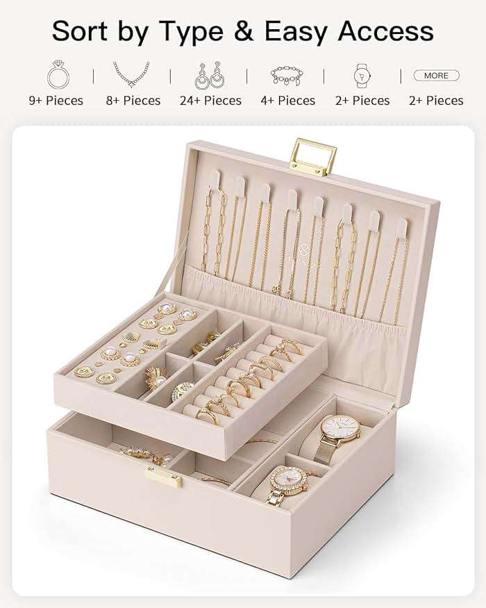 VLANDO 2 Layer Jewelry Boxes Large Jewelry Organizer for Women Removable Jewelery Tray for Watch Necklace Earrings Rings Bracelets Mothers Gifts Mom Gifts(Apricot White) - Image 7