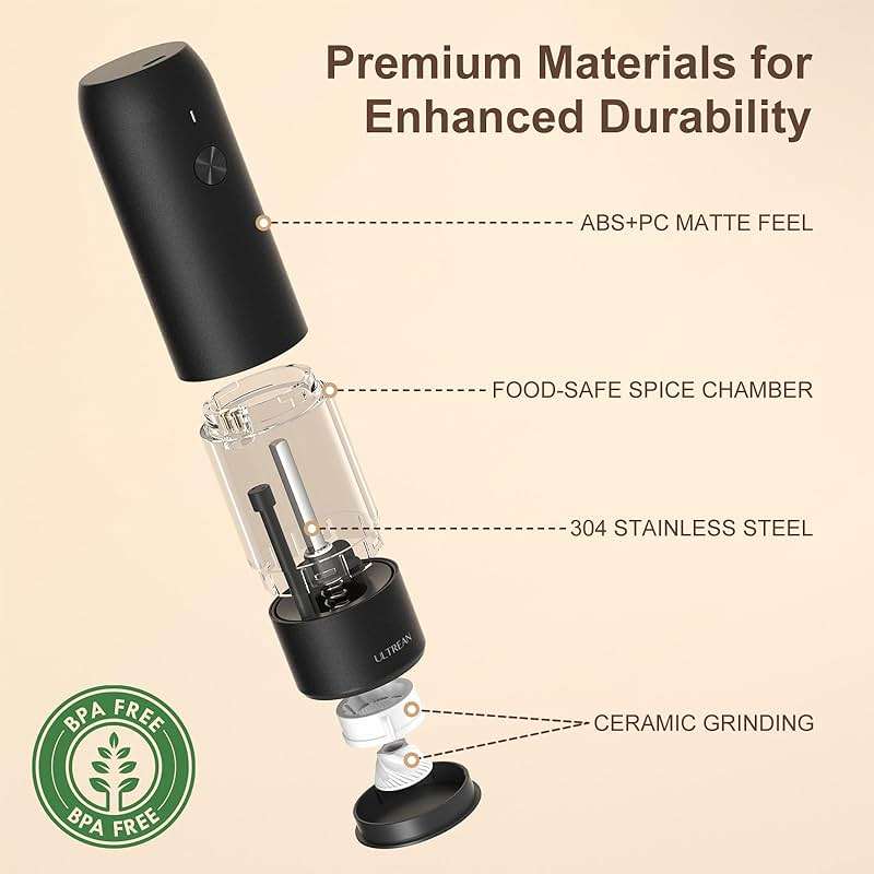 Ultrean Pepper Grinder, Rechargeable Salt and Pepper Grinder with 6 Adjustable Coarseness, LED Light, Automatic Grinder for Kitchen, Home and Kitchen Appliances Birthday Gifts for Women, Black - Image 5