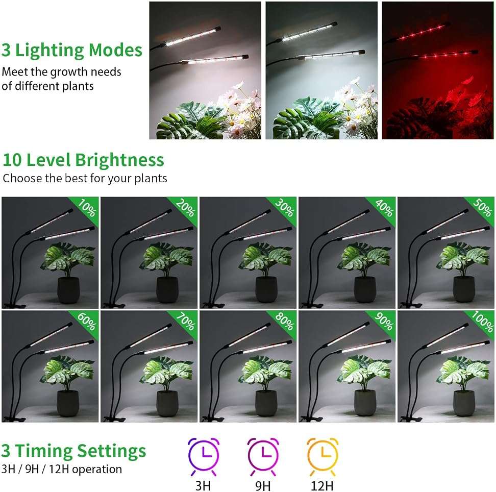 Grow Lights for Indoor Plants, Upgrade 84 LEDs Clip Plant Lights, Full Spectrum LED Plant Growing Lamps with Flexible Gooseneck, 3/9/12H Timer, 3 Spectral Modes, 10 Dimmable Levels (2 Head 1 Pack) - Image 4