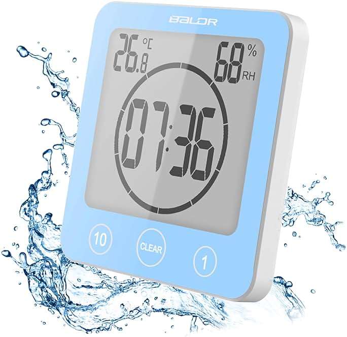 Digital Bathroom Shower Wall Clock Timer, LCD Digital Wall Clock with Suction Waterproof Temperature Humidity Gauge, Touch Screen Timer, Large Countdown Visual Timer Hanging Wall Clock - Image 1