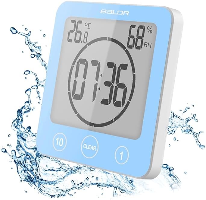Digital Bathroom Shower Wall Clock Timer, LCD Digital Wall Clock with Suction Waterproof Temperature Humidity Gauge, Touch Screen Timer, Large Countdown Visual Timer Hanging Wall Clock - Product Image