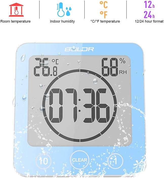 Digital Bathroom Shower Wall Clock Timer, LCD Digital Wall Clock with Suction Waterproof Temperature Humidity Gauge, Touch Screen Timer, Large Countdown Visual Timer Hanging Wall Clock - Image 3