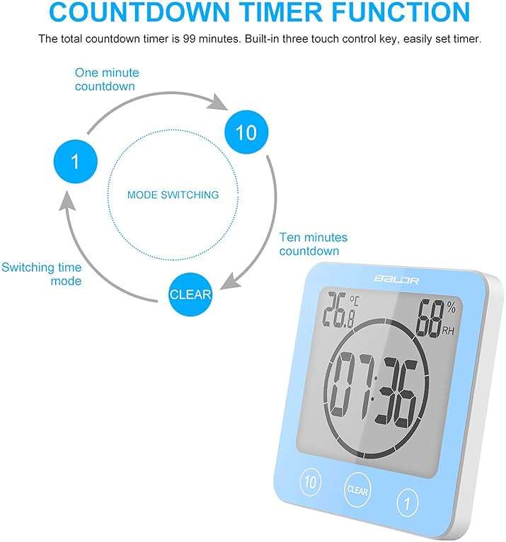 Digital Bathroom Shower Wall Clock Timer, LCD Digital Wall Clock with Suction Waterproof Temperature Humidity Gauge, Touch Screen Timer, Large Countdown Visual Timer Hanging Wall Clock - Image 5