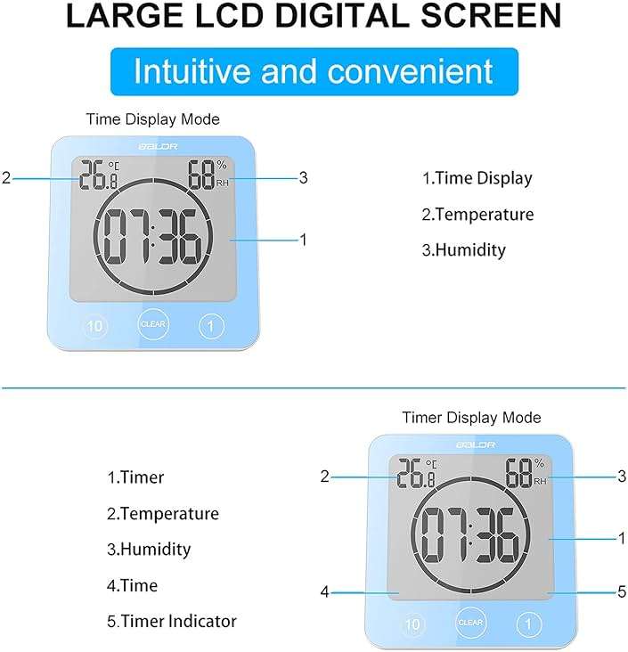 Digital Bathroom Shower Wall Clock Timer, LCD Digital Wall Clock with Suction Waterproof Temperature Humidity Gauge, Touch Screen Timer, Large Countdown Visual Timer Hanging Wall Clock - Image 6