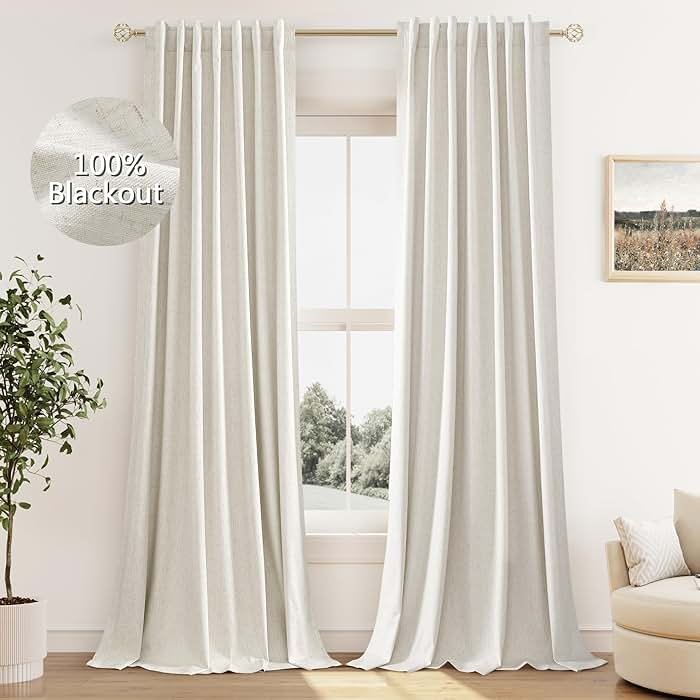 Guken Cream Linen Blackout Curtains 84 Inch Length 2 Panels Set for Living Room Bedroom Back Tab Thermal Insulated 100% Black Out Drapes Room Darkening Window Curtain Ivory Natural Beige - Product Image