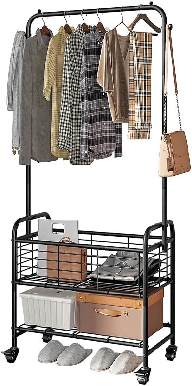 SUOERNUO Laundry Cart with Hanging Rack Rolling Laundry Hamper Sorter with Wheels Shelf,Black - Product Image