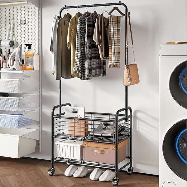 SUOERNUO Laundry Cart with Hanging Rack Rolling Laundry Hamper Sorter with Wheels Shelf,Black - Image 4