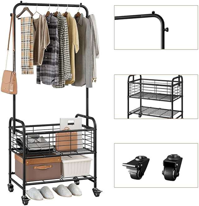 SUOERNUO Laundry Cart with Hanging Rack Rolling Laundry Hamper Sorter with Wheels Shelf,Black - Image 6