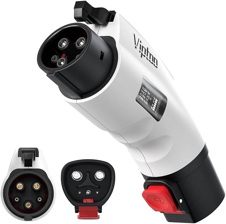 VIPTOO Tesla to J1772 Adapter 60A 250V AC — NACS EV Charging Connector with Digital Display for Tesla Wall/Destination/Mobile Charger, Fast & Safe Charging (White) - Product Image