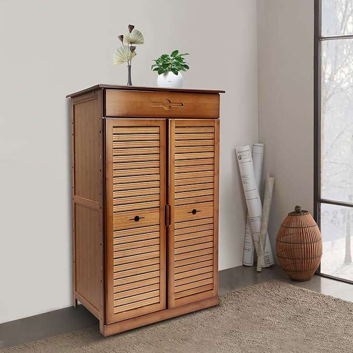 WUSILILU 5 Tier Shoe Cabinet with Drawer, Bamboo Shoe Cabinet Organizer with Door, Retro Entryway Shoe Storage Cabinet for Closet, Living Room, Bedroom, Hallway, Doorway - Image 2