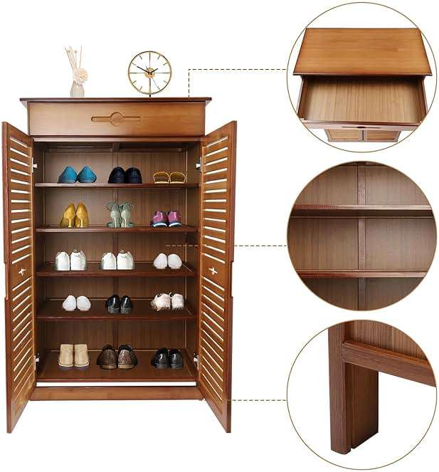 WUSILILU 5 Tier Shoe Cabinet with Drawer, Bamboo Shoe Cabinet Organizer with Door, Retro Entryway Shoe Storage Cabinet for Closet, Living Room, Bedroom, Hallway, Doorway - Image 5