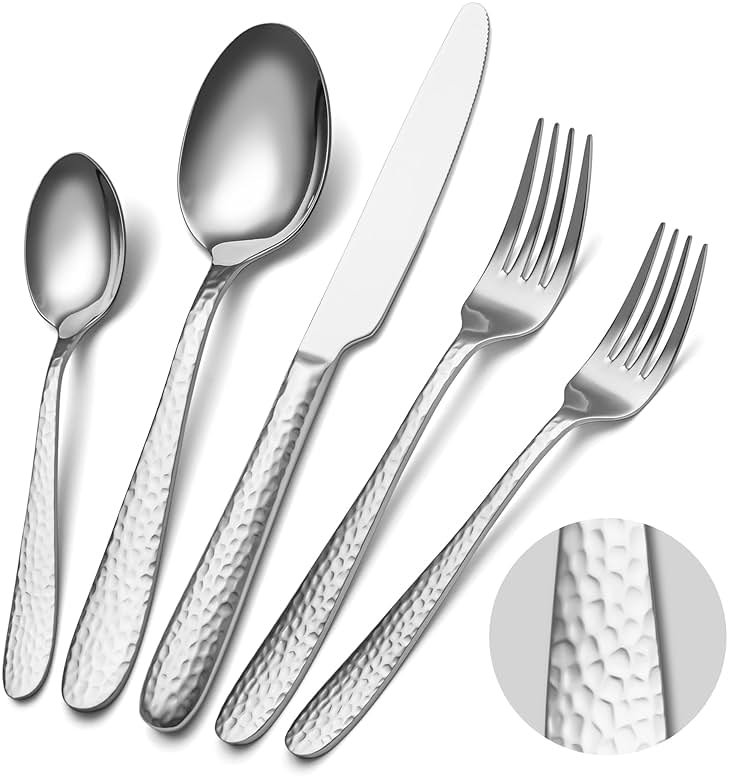 Hammered Silverware Set, EIUBUIE 40-Piece Stainless Steel Flatware Set for 8, Mirror Finish Tableware Kitchen Cutlery Sets, Durable Home Eating Utensils Sets Includes Fork Spoon Knife, Dishwasher Safe - Product Image