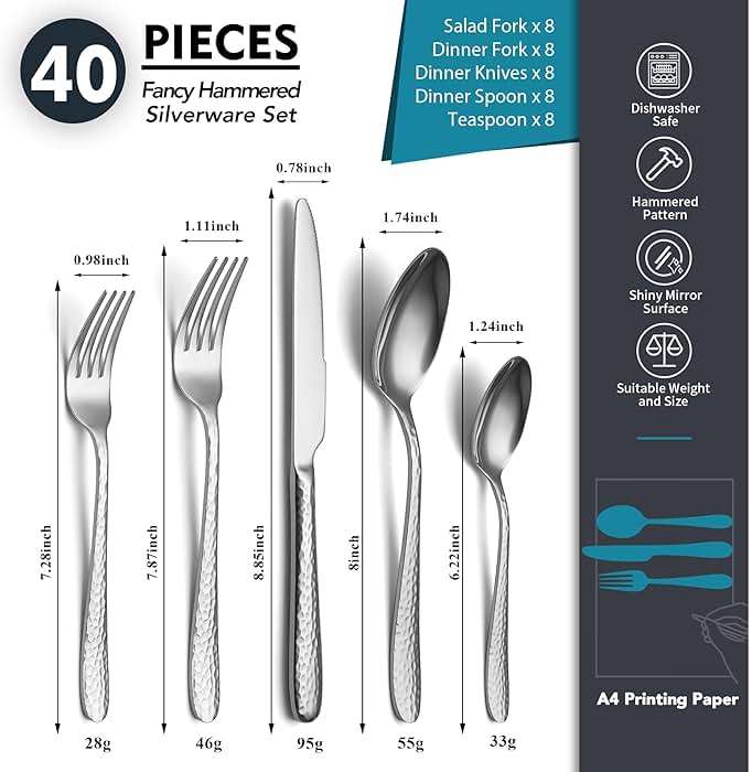 Hammered Silverware Set, EIUBUIE 40-Piece Stainless Steel Flatware Set for 8, Mirror Finish Tableware Kitchen Cutlery Sets, Durable Home Eating Utensils Sets Includes Fork Spoon Knife, Dishwasher Safe - Image 2