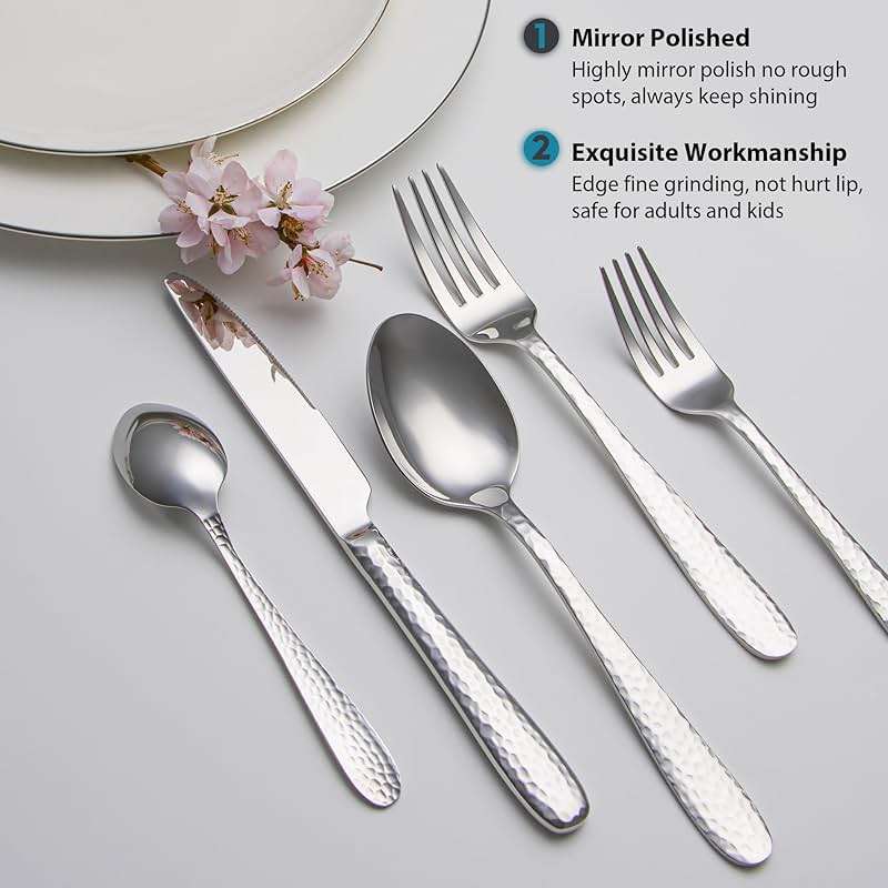 Hammered Silverware Set, EIUBUIE 40-Piece Stainless Steel Flatware Set for 8, Mirror Finish Tableware Kitchen Cutlery Sets, Durable Home Eating Utensils Sets Includes Fork Spoon Knife, Dishwasher Safe - Image 5