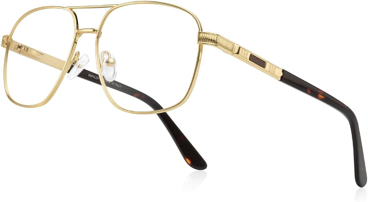 RB.Pilot Reading Glasses for Men Square Double Bridge Light Blocking Computer Readers Spring Hinge Metal Frame Acetate Legs - Image 1