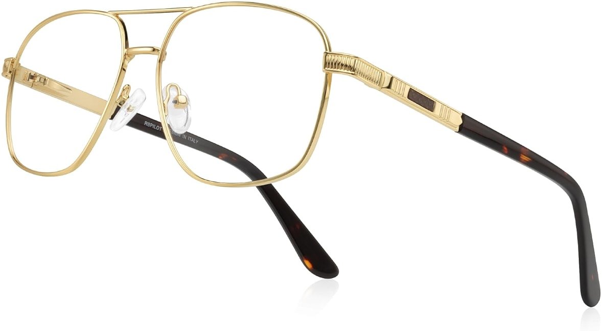 RB.Pilot Reading Glasses for Men Square Double Bridge Light Blocking Computer Readers Spring Hinge Metal Frame Acetate Legs - Product Image