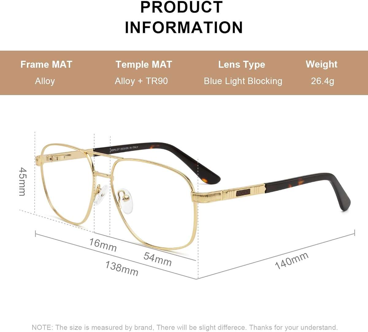 RB.Pilot Reading Glasses for Men Square Double Bridge Light Blocking Computer Readers Spring Hinge Metal Frame Acetate Legs - Image 4