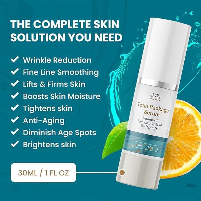 Sun Coast Sciences - Total Package Serum - Vitamin C Serum with Hyaluronic Acid & Peptides for Face - Hydrating Anti Aging Face Serum for Smoother, Firmer Looking Skin - 1 Fl Oz (Pack of 1) - Image 3