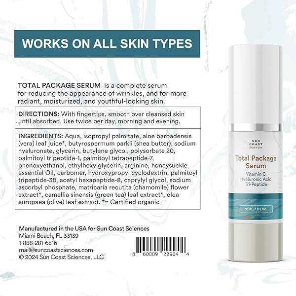 Sun Coast Sciences - Total Package Serum - Vitamin C Serum with Hyaluronic Acid & Peptides for Face - Hydrating Anti Aging Face Serum for Smoother, Firmer Looking Skin - 1 Fl Oz (Pack of 1) - Image 4