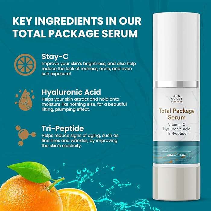 Sun Coast Sciences - Total Package Serum - Vitamin C Serum with Hyaluronic Acid & Peptides for Face - Hydrating Anti Aging Face Serum for Smoother, Firmer Looking Skin - 1 Fl Oz (Pack of 1) - Image 5