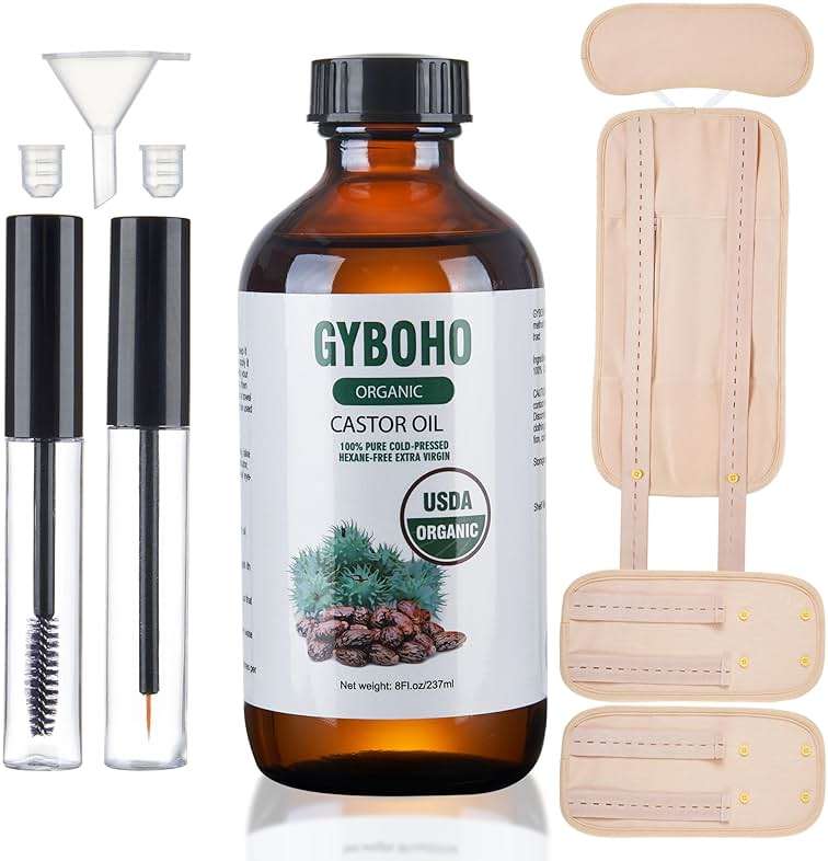 8oz Castor Oil Organic and 4pcs Reusable Castor Oil Pack Wrap Organic Cotton,for Stomach-Neck-Abdomen -Knee-Arm-Liver Detox,with Eyebrow and Eyelash Care Tool Set - Image 1