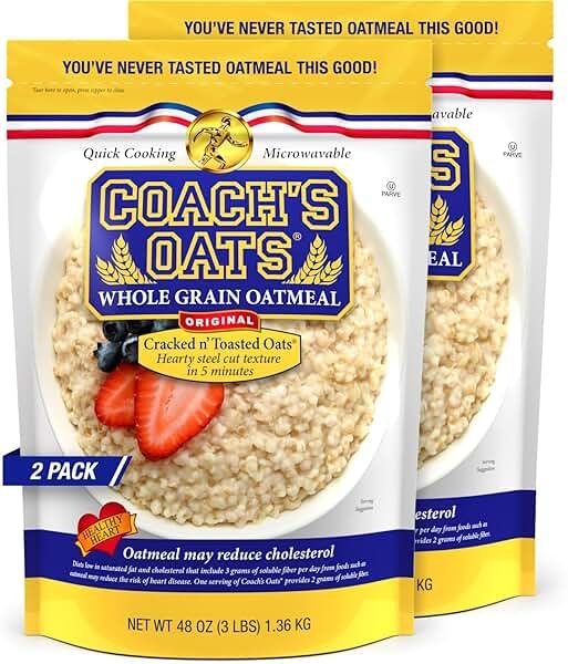 COACH'S OATS Whole Grain Oatmeal (48 oz) Pack of 2 | Cracked n’ Toasted | Quick-Cooking, Steel Cut Texture | Heart-Healthy, Delicious Breakfast | Microwavable, Stovetop, Overnight Oatmeal - Product Image