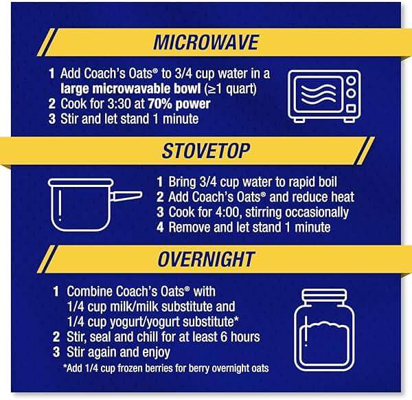 COACH'S OATS Whole Grain Oatmeal (48 oz) Pack of 2 | Cracked n’ Toasted | Quick-Cooking, Steel Cut Texture | Heart-Healthy, Delicious Breakfast | Microwavable, Stovetop, Overnight Oatmeal - Image 6