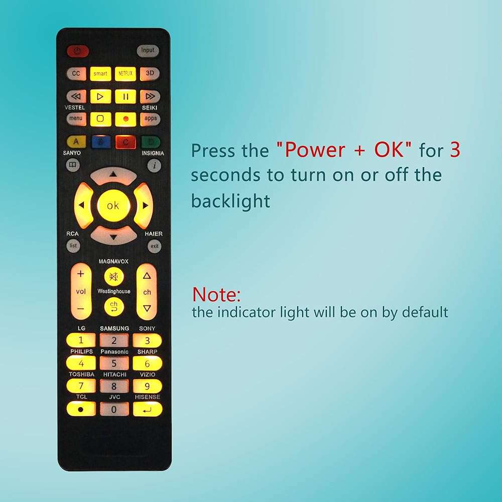 Universal TV Remote for Sanyo, Philips, Toshiba, Hitachi, Insignia, Samsung, LG, Sony, Sharp, Vizio, JVC, TCL, Hisense, Vestel, Seiki, Magnavox, Haier, Panasonic, Backlit Universal Remote Control - Image 3