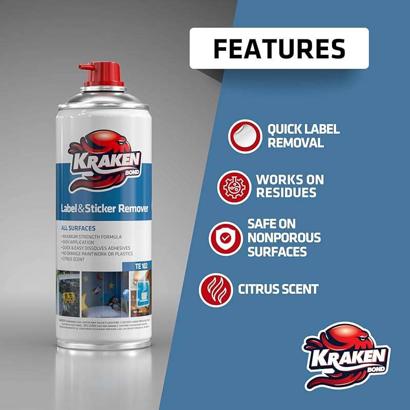 KRAKEN BOND Label & Sticker Remover Spray - (12x5oz) Quick-Dissolve Adhesive Remover Spray with Citrus Scent, Removes Tar, Tape & Bumper Stickers on Multiple Surfaces, No Damage to Paint, 12 Pack - Image 4