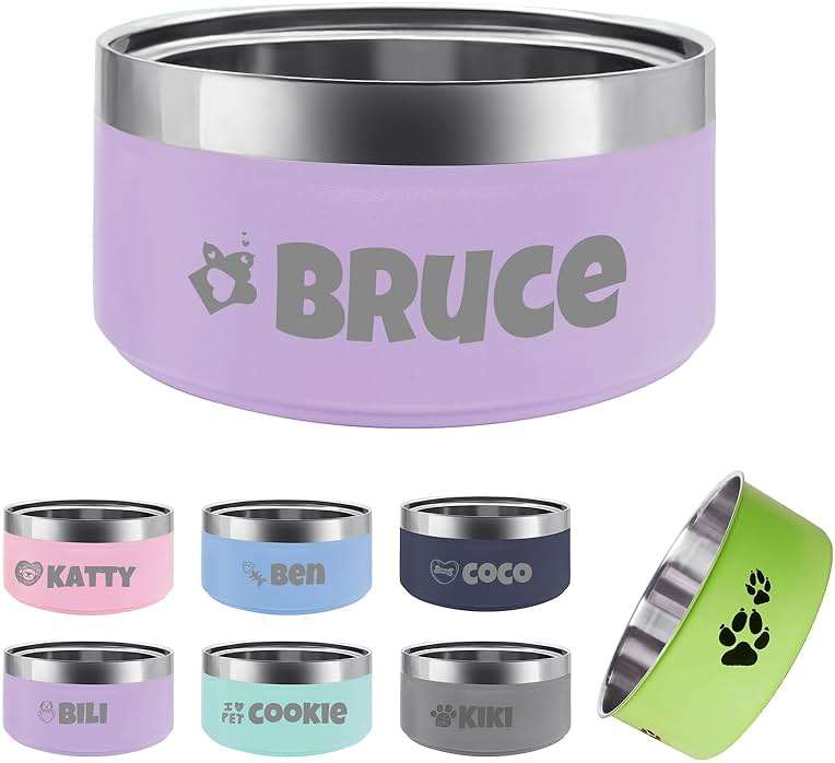 Personalized Dog Cat Bowl with Name Pattern,Laser Engraved Stainless Steel Pet Bowl Anti-Slip for Water Food,with 1 Non Customized Green Bowl (Purple, 25 oz) - Image 1