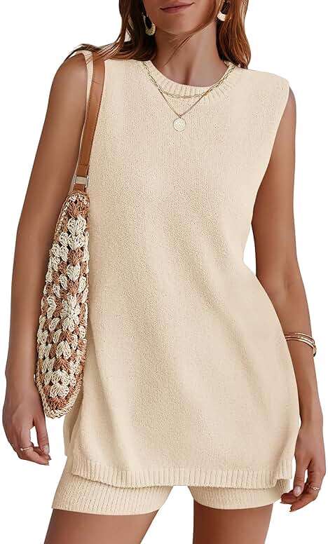 NENONA Women's Summer Sleeveless Sweater Lounge Sets Casual Loose Fit Tunic Tops and Shorts 2 Piece Beach Vacation Outfits - Image 1