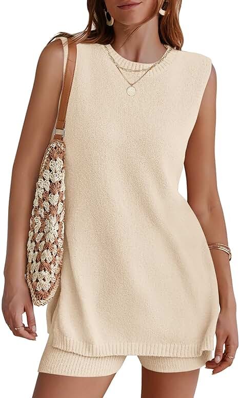NENONA Women's Summer Sleeveless Sweater Lounge Sets Casual Loose Fit Tunic Tops and Shorts 2 Piece Beach Vacation Outfits - Product Image