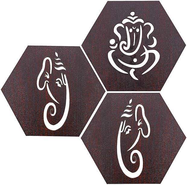 Tarini Gallery Wooden Ganesha Design Set of 3 Handcrafted Sculpture Wall Hanging Decorative Showpiece for Home Office Temple Yoga Meditation Décor and Gifting (Ganesh) - Image 1
