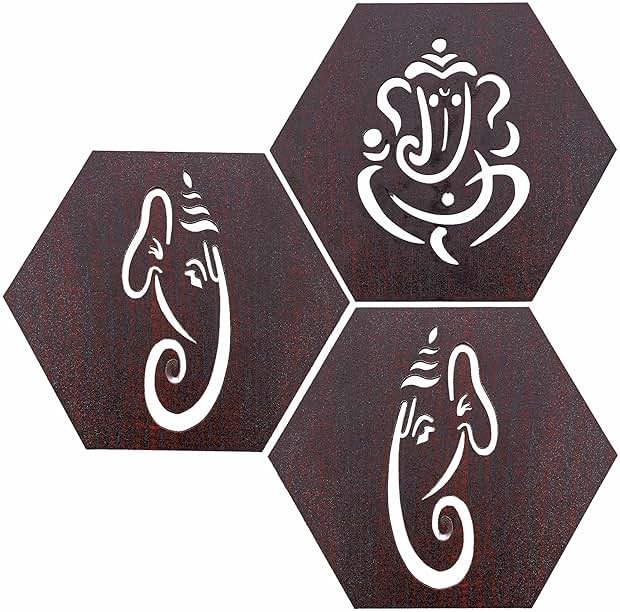 Tarini Gallery Wooden Ganesha Design Set of 3 Handcrafted Sculpture Wall Hanging Decorative Showpiece for Home Office Temple Yoga Meditation Décor and Gifting (Ganesh) - Product Image